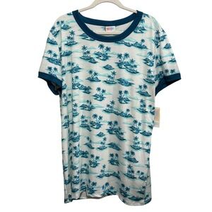 LuLaRoe Liv Ringer Tee 2XL Womens Blue White Tropical Palm Tree Island Print NWT